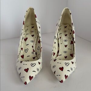 Aldo Cream Pointed Toe Pumps with Red Heart Motif